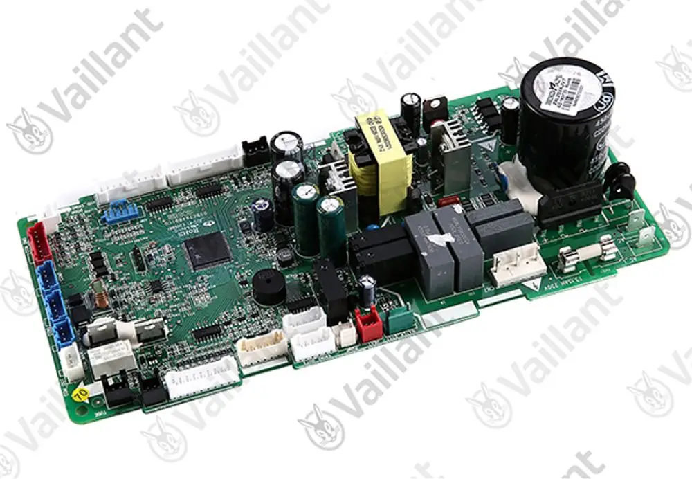 Vaillant Leiterplatte mit diversen elektrischen Komponenten, darunter Kondensatoren, Relais und Anschlussstecker, auf einer grünen Platine.
